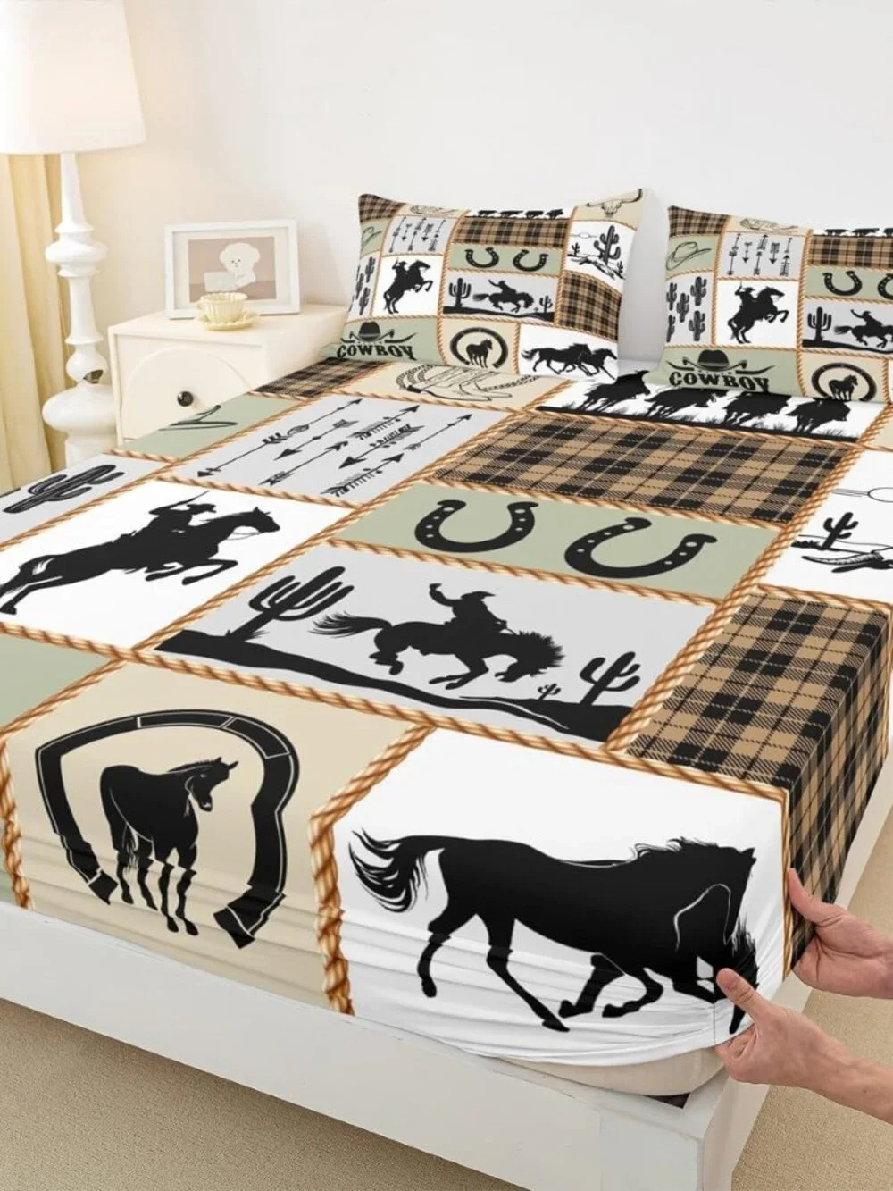 Western Cowboy Kids Fitted Sheet Twin Size,Horseshoes Cactus Arrows Plaids Patch